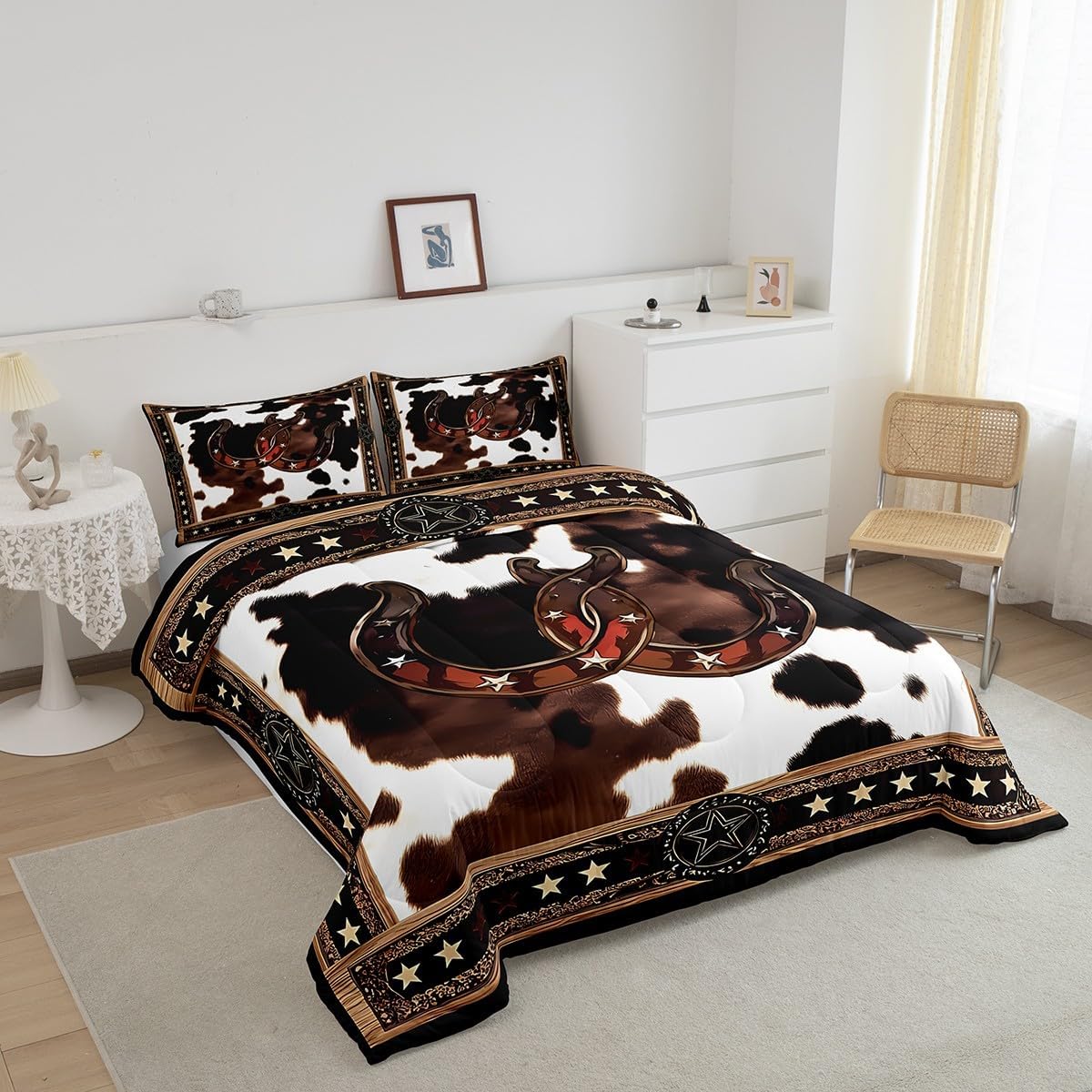 Feelyou Western Decor Comforter Set King Size Wild Western Cowboy Comforter Rodeo Cowboy Style Bedding Set Grunge Design Duvet Set Room Decor Brown White Quilt Set