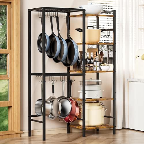 5-Tier Pot and Pan Organizer Rack with Hooks, Heavy-Duty Kitchen