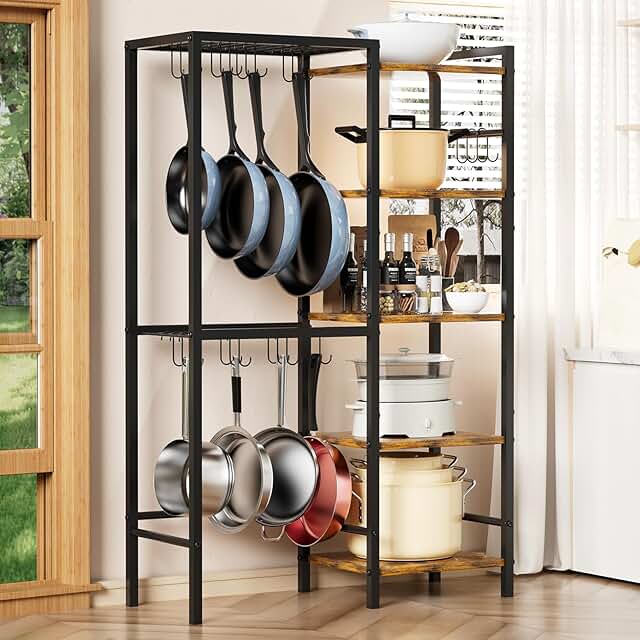 5-Tier Pot and Pan Organizer Rack with Hooks, Heavy-Duty Kitchen Storage...