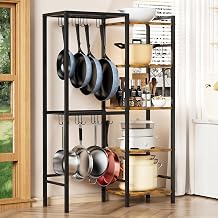 5-Tier Pot and Pan Organizer Rack with Hooks, Heavy-Duty Kitchen Storage Shelf for Cookware, Dishes, and Utensils, Freestanding Metal Pot Rack Organizer for Kitchen, Pantry, or Dining Room