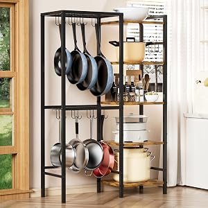 5-Tier Pot and Pan Organizer Rack with Hooks Heavy-Duty Kitchen Storage Shelf for Cookware Dishes and Utensils Freestanding