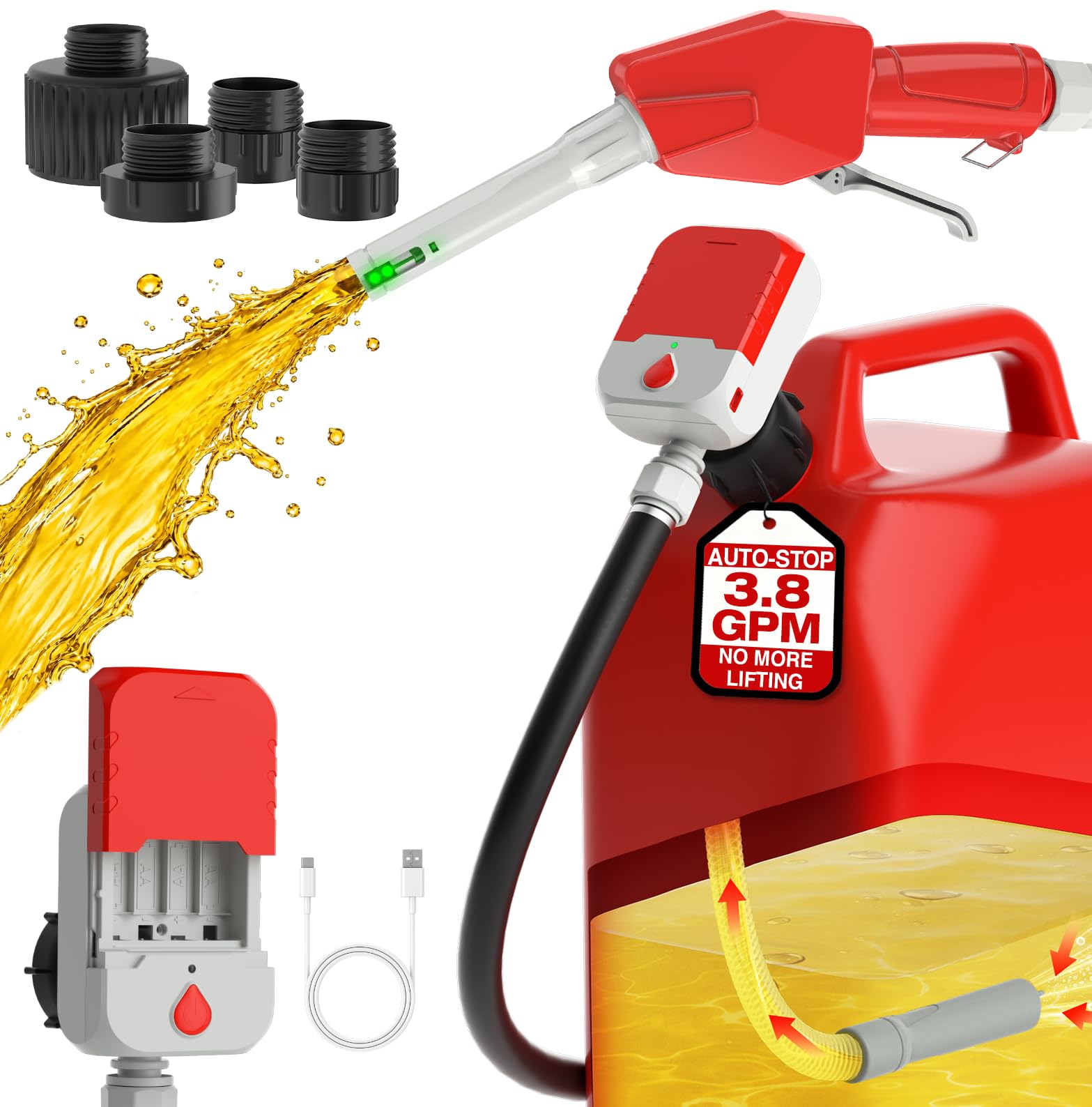 Keimi Electric Fuel Transfer Pump, Auto-Stop & Hand Trigger Nozzle, 3.8 GPM | 4 Can Adapters, 4 AA or USB Power, 51-Inch Commercial Rubber Hose, Gasoline, Diesel, Kerosene, AA Batteries Not Included