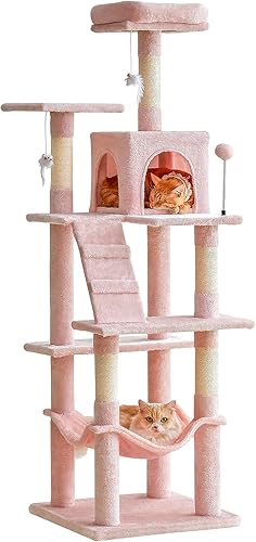 MWPO Árbol de gato rosa de 63.8 pulgadas para gatos de interior, torre para gatos de varios niveles con postes rascadores cubiertos de sisal,