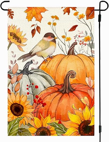 Bandera de jardín de calabazas de pájaro de otoño de 12 x 18 pulgadas, doble cara exterior, hojas de girasol de otoño, cosecha de Acción de Gracias,