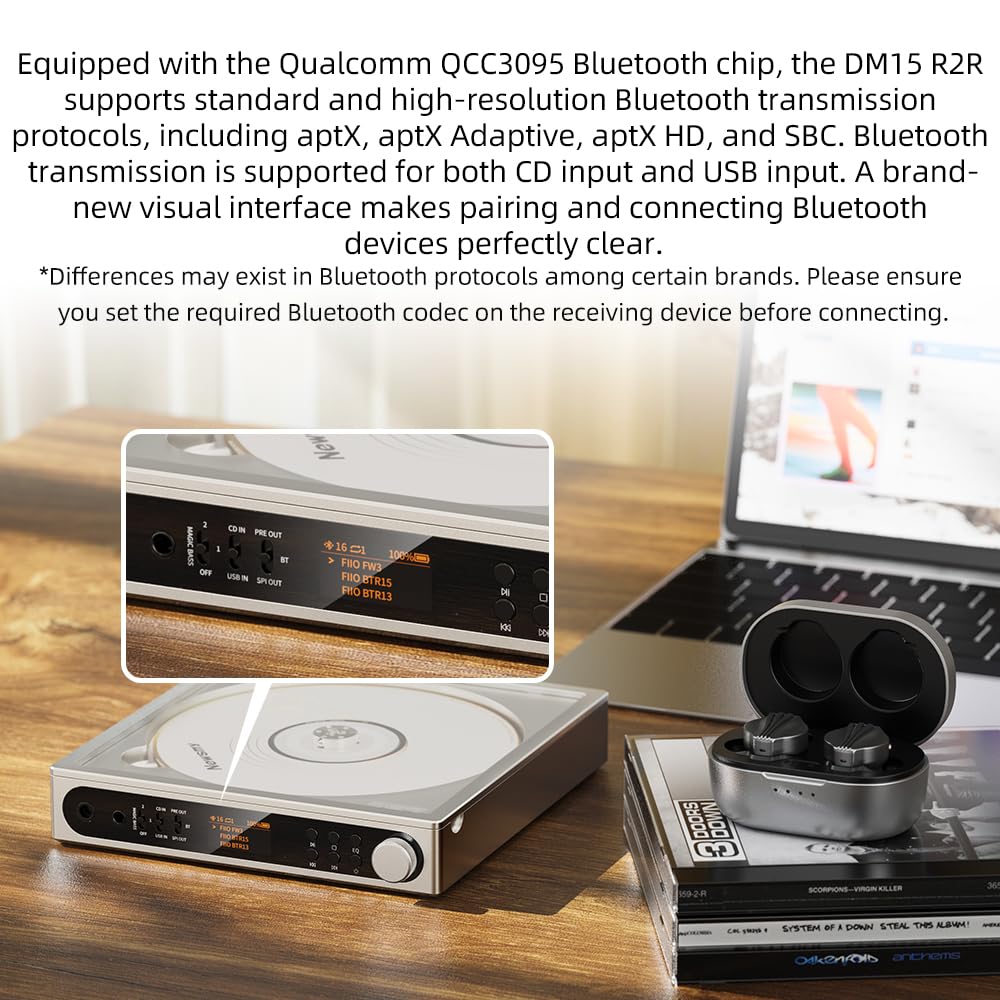 FiiO DM15 Tragbarer Stereo-CD-Player mit echtem 24-Bit-R2R-DAC, 1150 mW + 1150 mW Hochleistungsausgang, aptX adaptiver Bluetooth-Sender, 24 Soundvoreinstellungen, USB/CD HiFi Audio, HD-Display