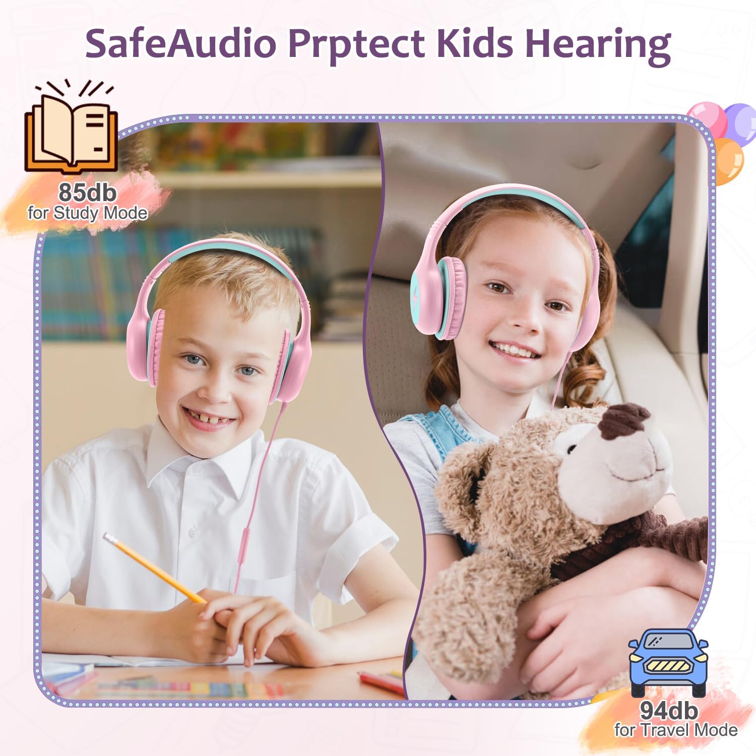 Voopwink Kids Headphones Wired with Microphone, USB Type C Headphones for Kids Girls Boys with Cord/LED Lights/85/94dB Volume Limit, Portable Over Ear Headphones for School/Travel/Tablet/iPad