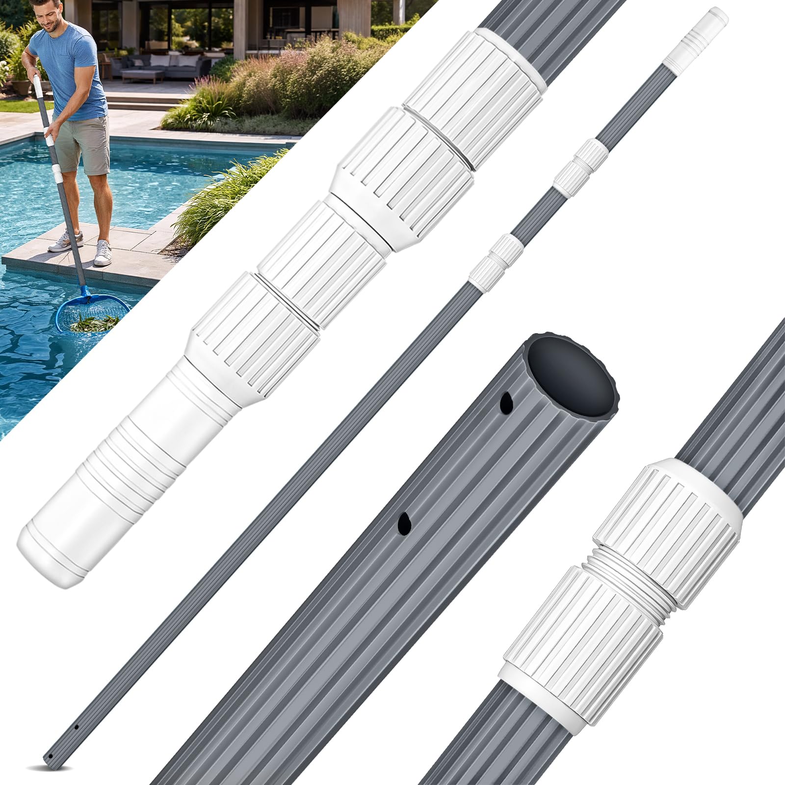 tillvex Barre Télescopique en Aluminium 1,20-3,60 m | Perche Alu Régable et Extensible per Nettoyage de Piscine, Surfaces | avec 3 Parties (Anthracite)
