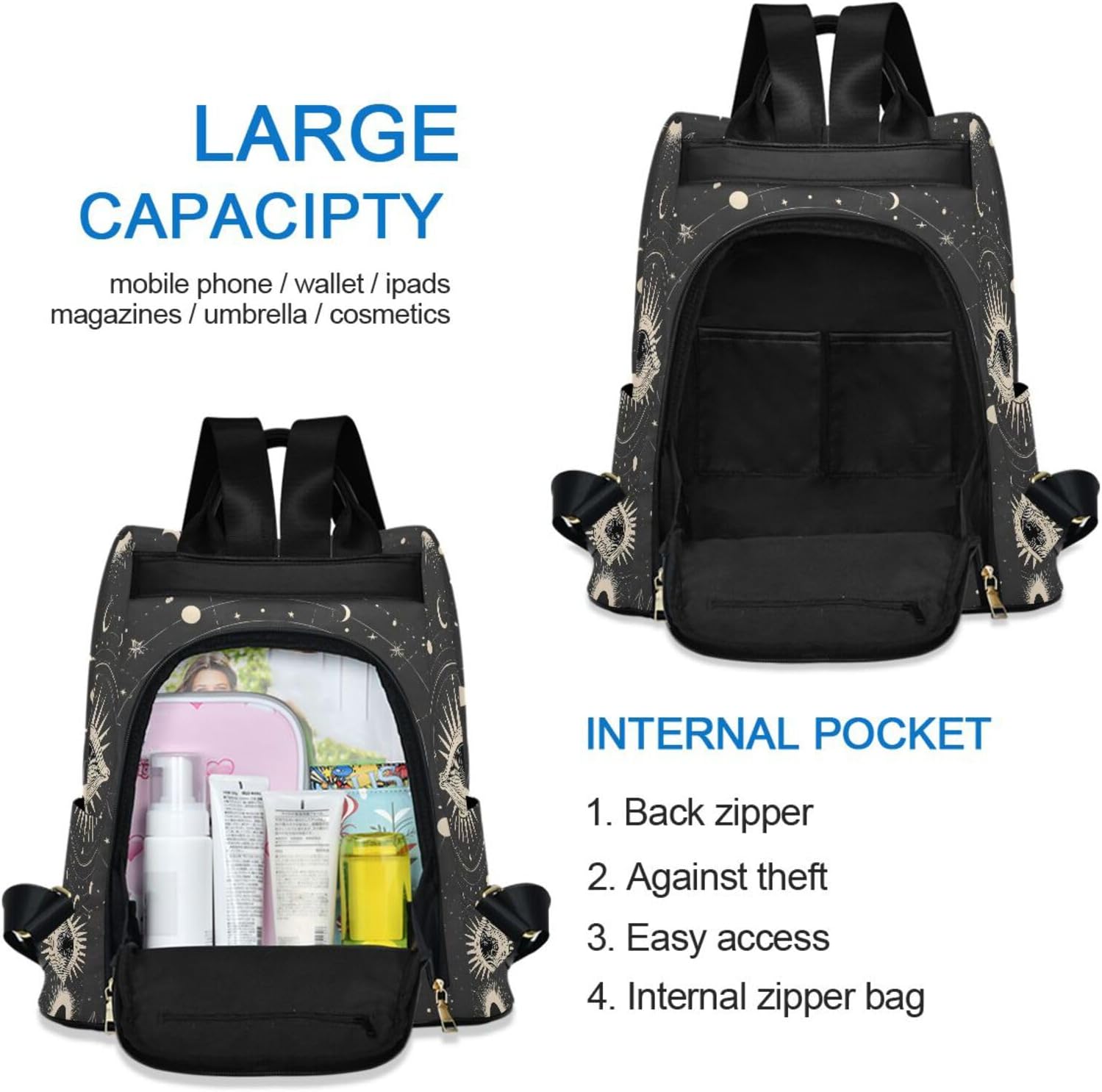 ALAZA Mysterious Eye with Moon and Sun Backpack Purse for Women Anti Theft Fashion Back Pack Shoulder Bag