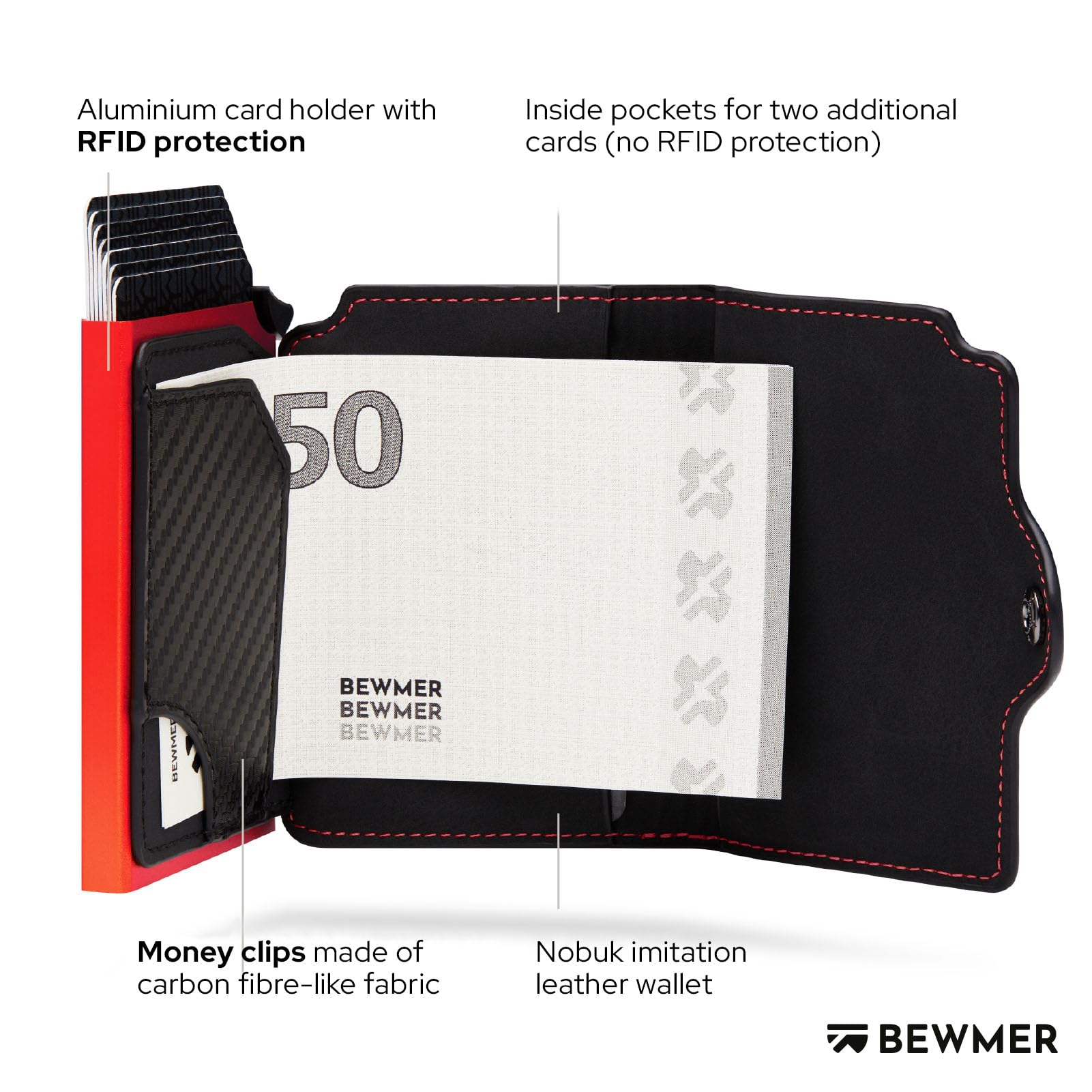 BEWMER Porta Carte di Credito 1 ZIP Schermato | Portafoglio Slim da Uomo e Donna | Porta Tessere e Documenti con Rfid Protection e Fermasoldi in Carbon Fiber (Nero e Arancione con Zip)