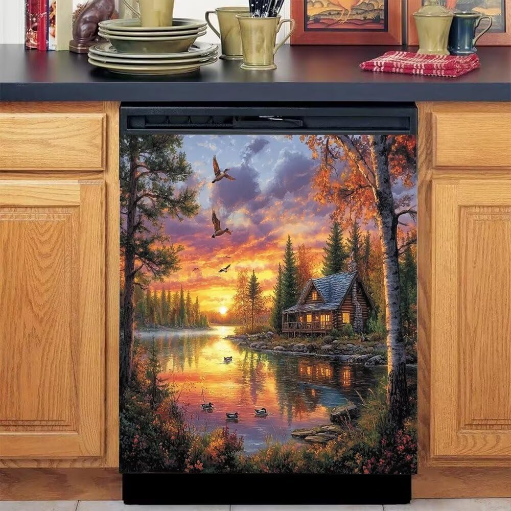 Forest Lakes Sunset Dishwasher Magnet Cover, Cabin Magnetic Dishwasher Door Cover, Refrigerator Magnets Sticker, Dishwasher Covers Decorative 23" x 26" Magnetic