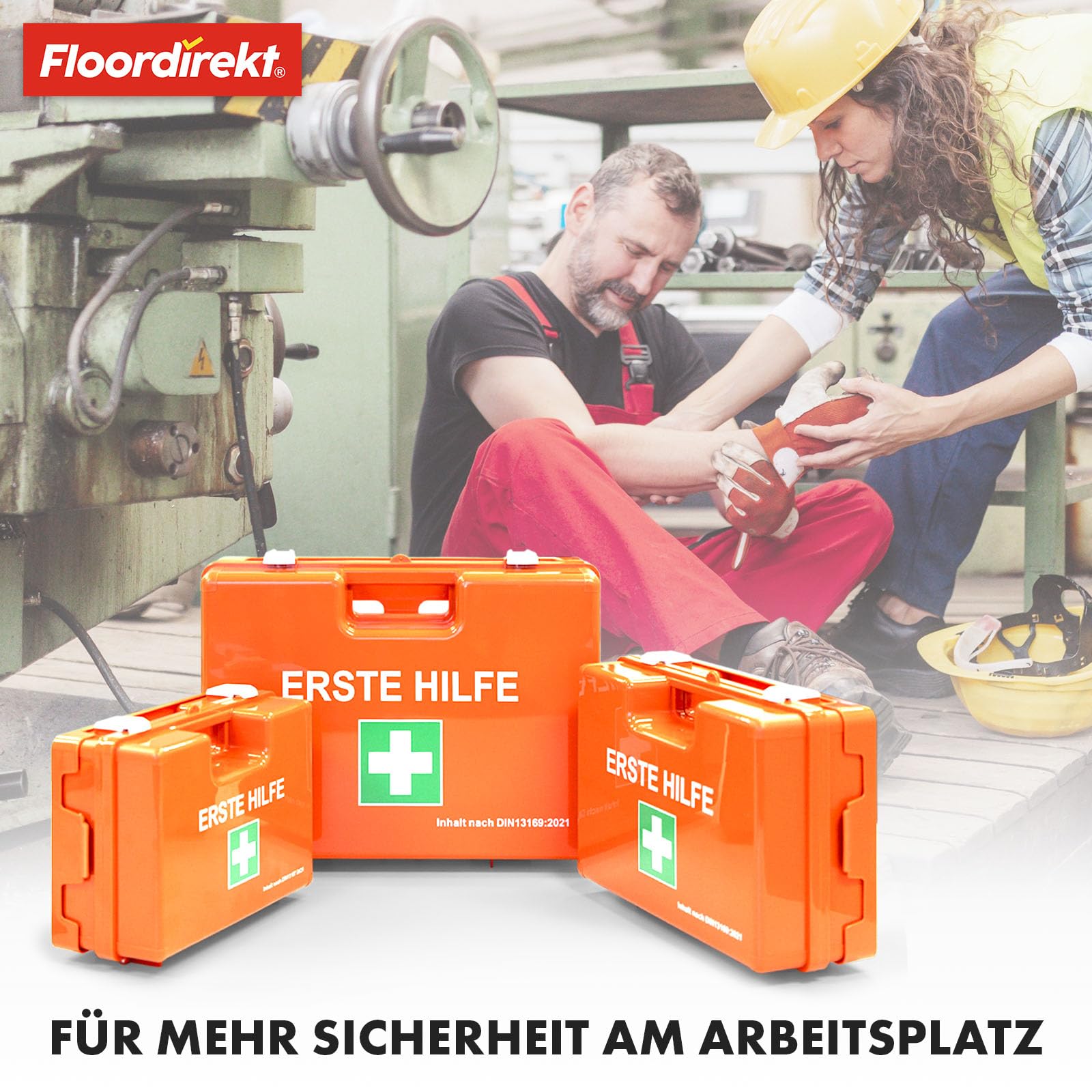 Floordirekt Erste Hilfe Koffer für Betriebe DIN 13157:2021 gefüllt inkl. Wandhalterung | 1 Hilfe Verbandkasten Set für Zuhause, Büros und Gastro, Notfallbox bis 50 Mitarbeiter (28 x 20 x 11,5 cm)