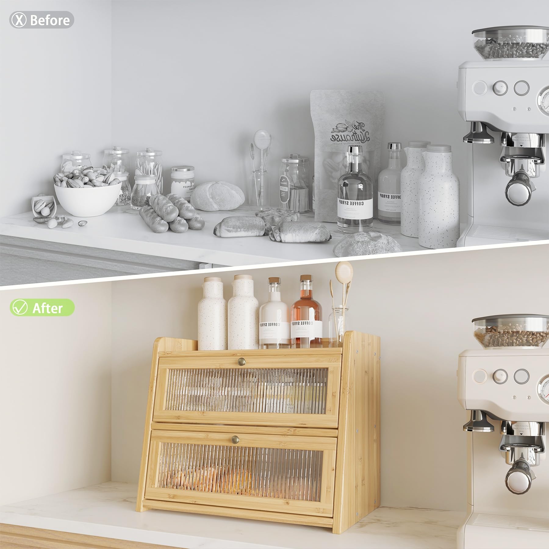Panera grande de bambú de doble capa para encimera de cocina, contenedor de almacenamiento de pan de madera de gran capacidad con ventana para pan (bambú natural)