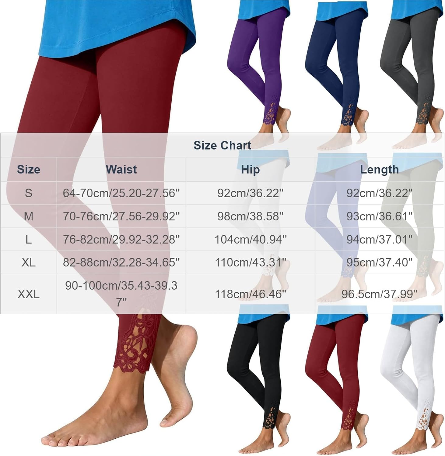 Womens Lace Trim Leggings High Waist Full Length Casual Pants