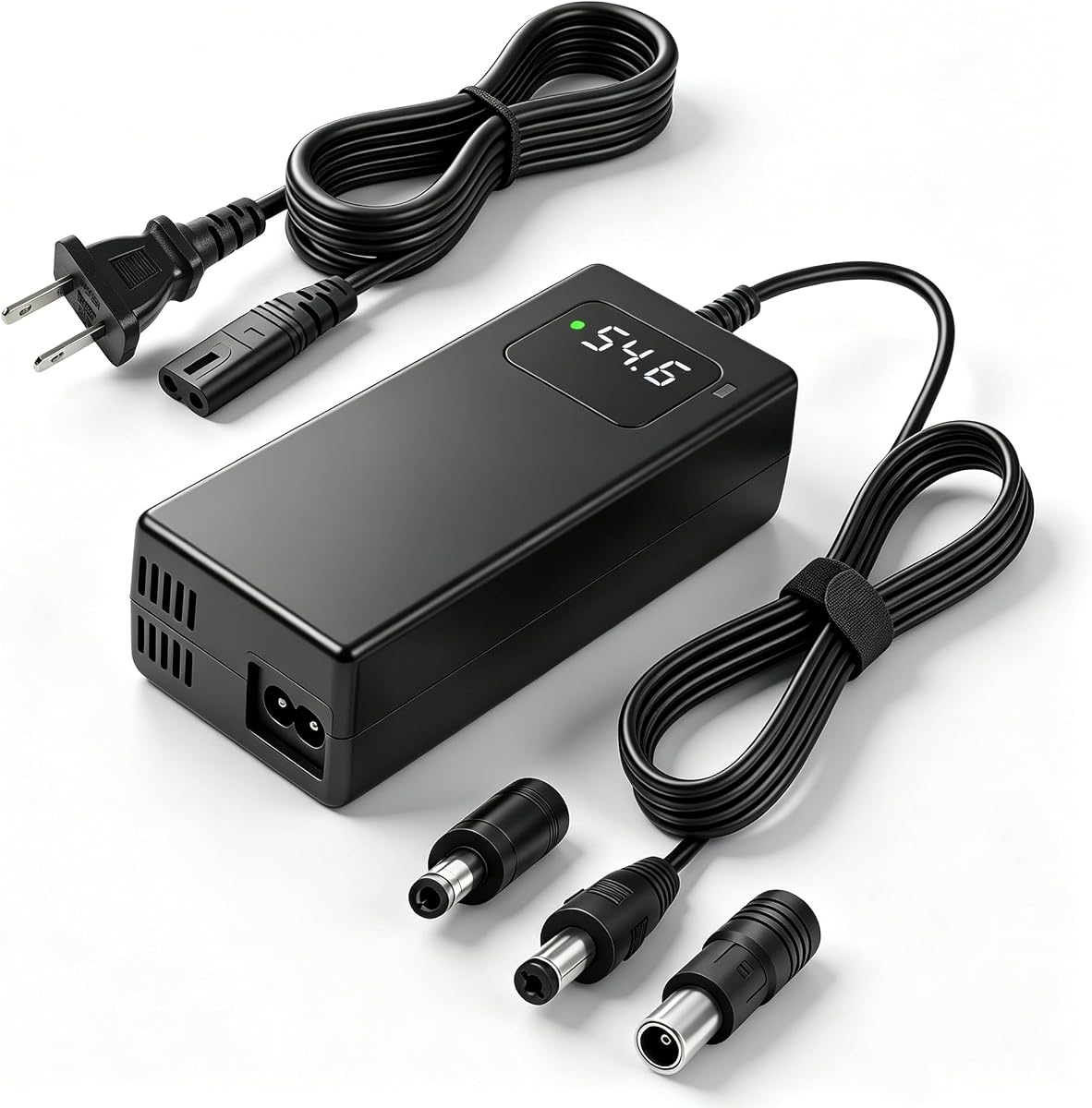 54.6V 2A Battery Charger for 48V Li-ion Batteries | HD Display of Current Charging Voltage, Multiply Security Protections, Built-in Fan,DC 5.5 * 2.1/2.5mm and RCA 8mm Connectors