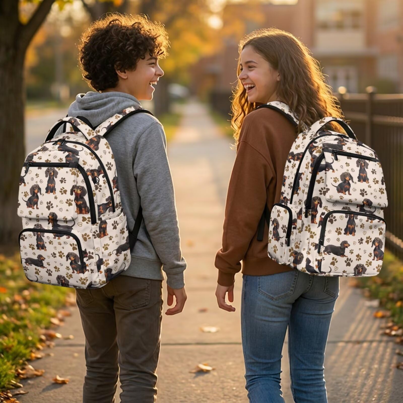COEQINE 5 x Rucksack für die Schule 3. Klasse Jungen Grundschule Rucksäcke passend für 17 Zoll Laptop Federmäppchen Schlüsselanhänger, Dackel Beige Pfotenabdruck, M, Casual