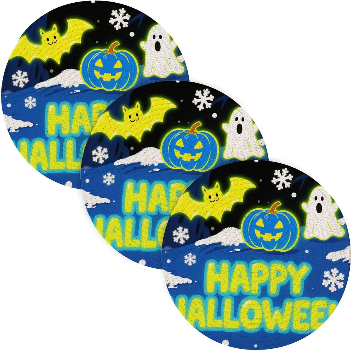 3 salvamanteles para olla instantánea, amarillo neón, azul, nieve de Halloween, 15 pulgadas, tejido de hilo de poliéster y algodón, mostrador protector Porta platos para mesa