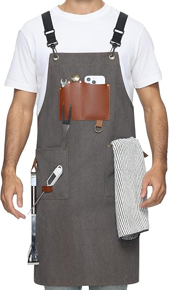 Canvas Cross Back Cooking Apron with Adjustable Shoulder Straps | Equipped with 3 Large Multi-use Pockets, Wear-Resistant Fabric, Easy Clean, Ideal for BBQ Baking Craft for Men Women