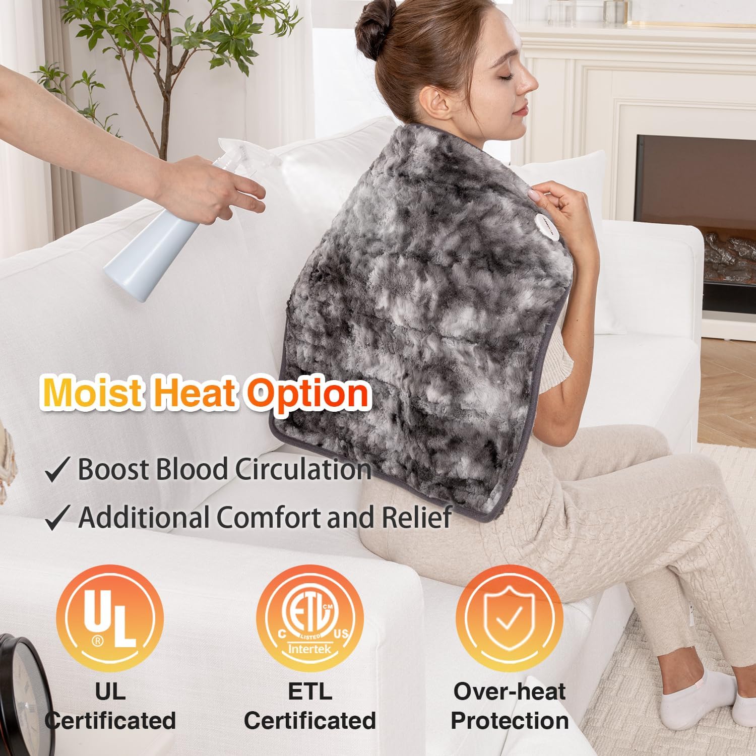 Woomer Heating Pad for Back Pain Relief, Extra Large Electric Heating Pad for Period Cramps, Moist&Dry Options, 6 Heat Setting, 2H Auto-Off, Cozy Faux Fur, 20” x 24”, Marble Grey