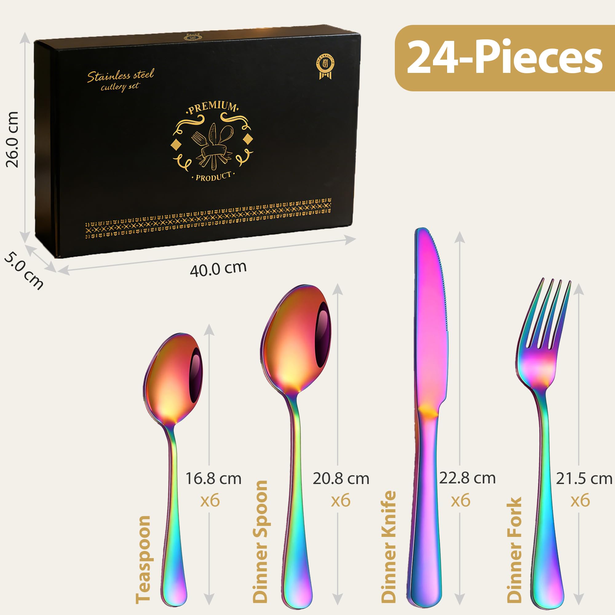 Juego de cubiertos arcoíris, 24 piezas de acero inoxidable pulido espejo, juego de utensilios de cocina para 6 personas, vajilla para el hogar y el restaurante con caja de regalo