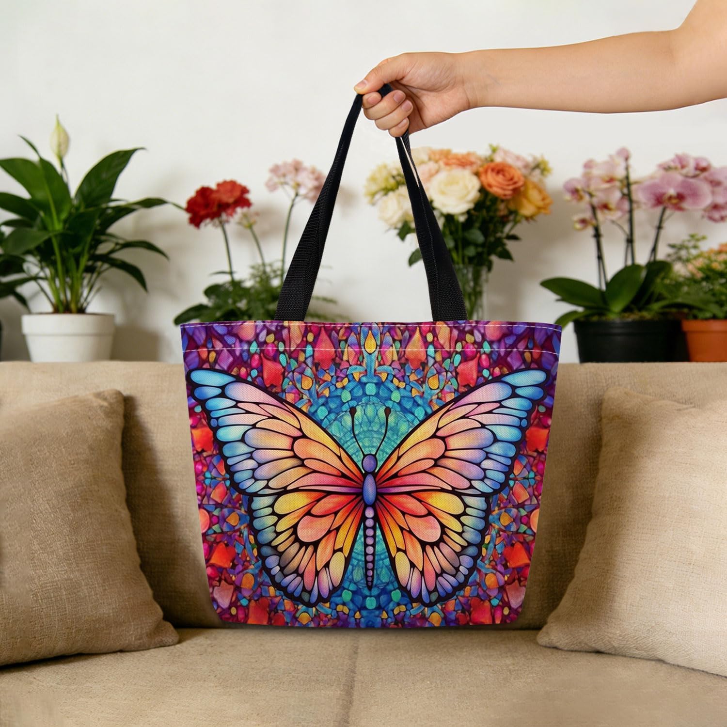 Stained Glass Butterfly Tote Bag Reusable Grocery Bags Cute Aesthetic Shopping Shoulder Handbag with Interior Zipper Pocket Stylish Stained Glass Butterfly Present for Women -1 - Image 3