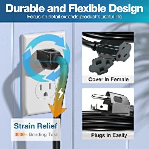 Miniatura 5 de BBOUNDER Cable de extensión para exteriores de 50 pies, impermeable, negro 163 SJTW resistente 13A 1625W, cable de extensión flexible de 3 puntas de