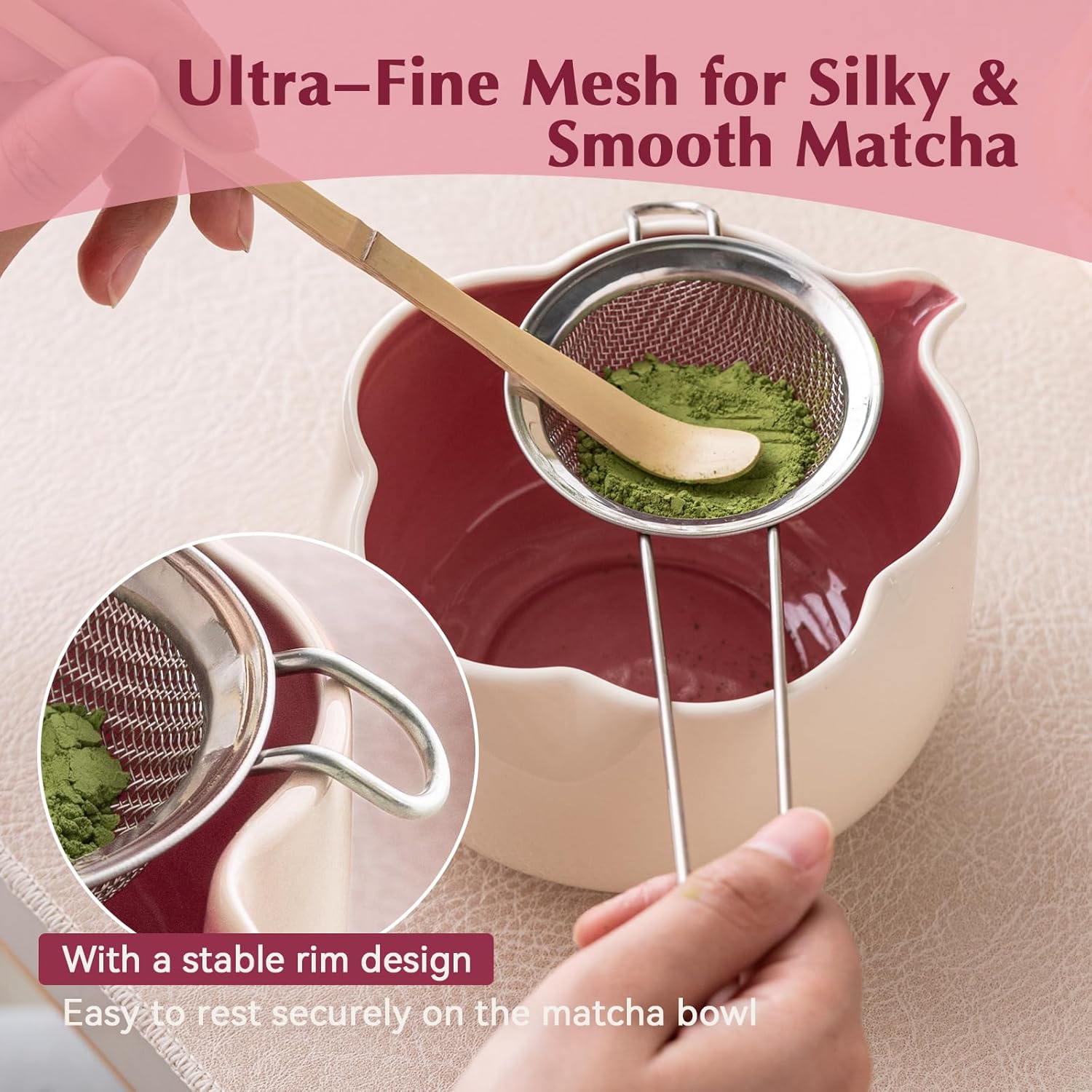 Matcha Set, 8Pcs Floral Ceramic Matcha Set with Matcha Whisk, Holder, Scoop, Scoop Rest, Sifter, Spoon and Tea Towel - Thoughtful Matcha Whisk Set Gift for Matcha Lovers (Beige & Pink) - Image 6