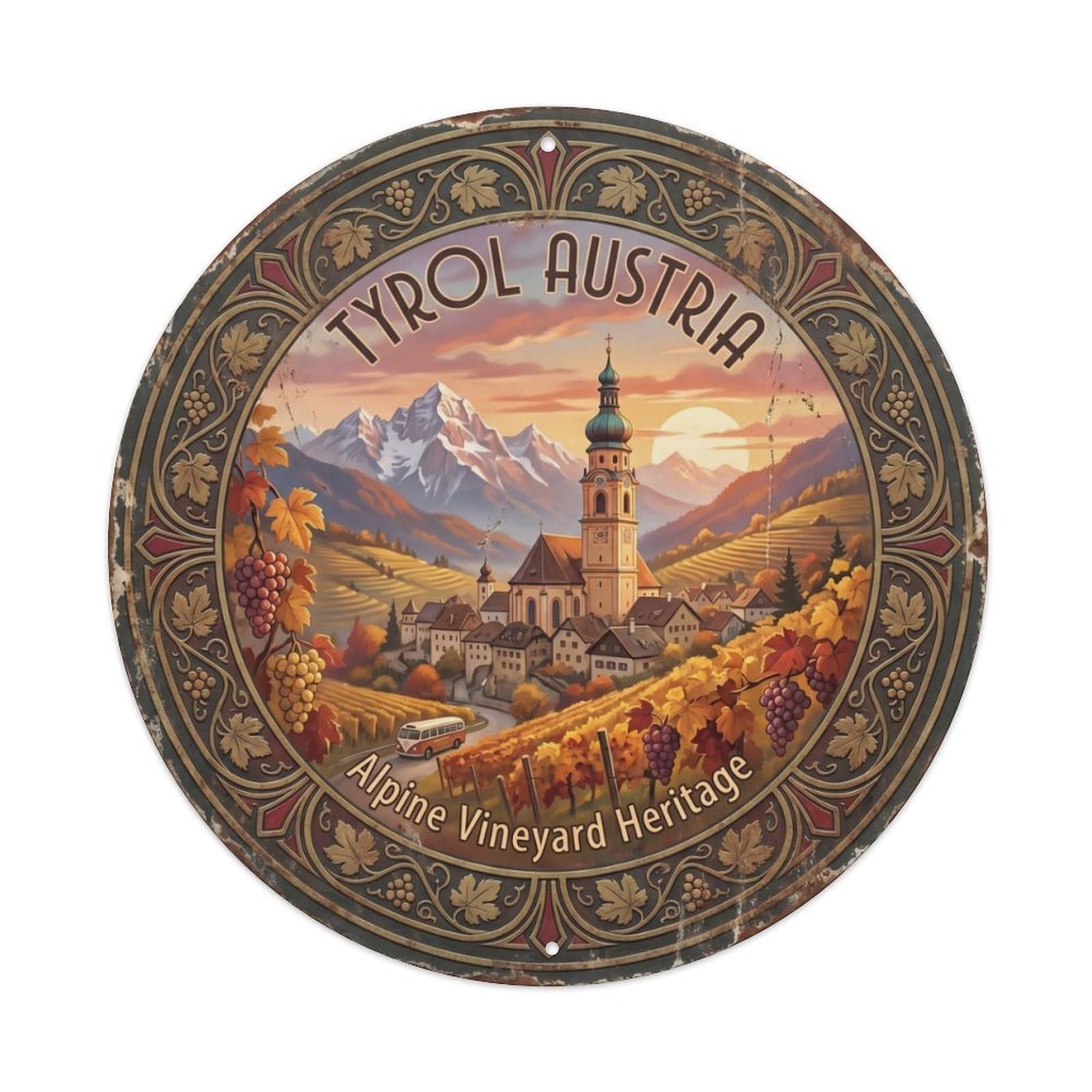 Vintage Travel Tyrol Austria Church Vineyard Metal Tin Sign Plaque Wall Decor for Cafe, Club Bar, Office, Home Garden Round Metal Poster 8x8Inch