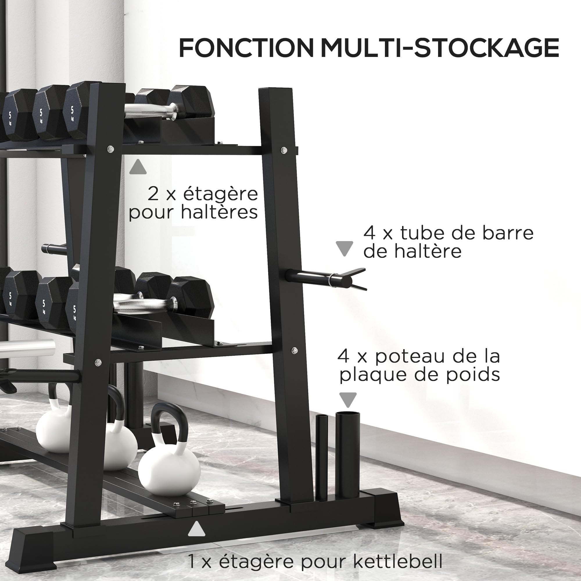 SPORTNOW Support Haltères Multifonctionnel 200kg - Rangement Pour Haltères, Kettlebells Et Plaques En Acier Noir