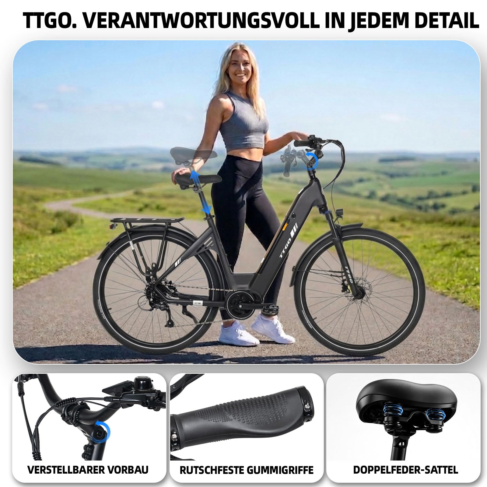 ttgo C7 SE 28 Zoll E-Bike für Damen & Herren, Pedelec mit BAFANG 250W Mittelmotor 75Nm, 36V 18Ah Akku abnehmbar, 110–130 km Reichweite, Shimano 9-Gang, CST 28"*2.0, StVZO