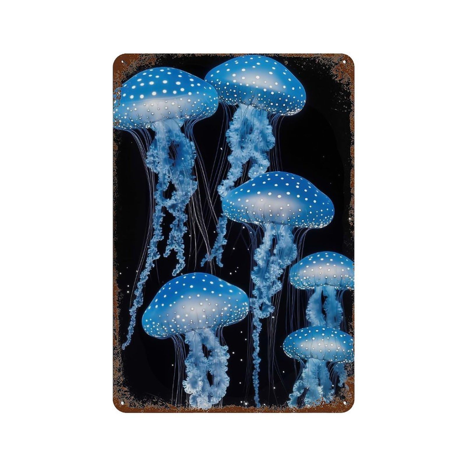 Rust Effect Glowing Blue Jellyfish Aged Metal Wall Plaque 11.8"x7.9", Classic Wall Plaque for Basement, Hobby Room And Garage Decor