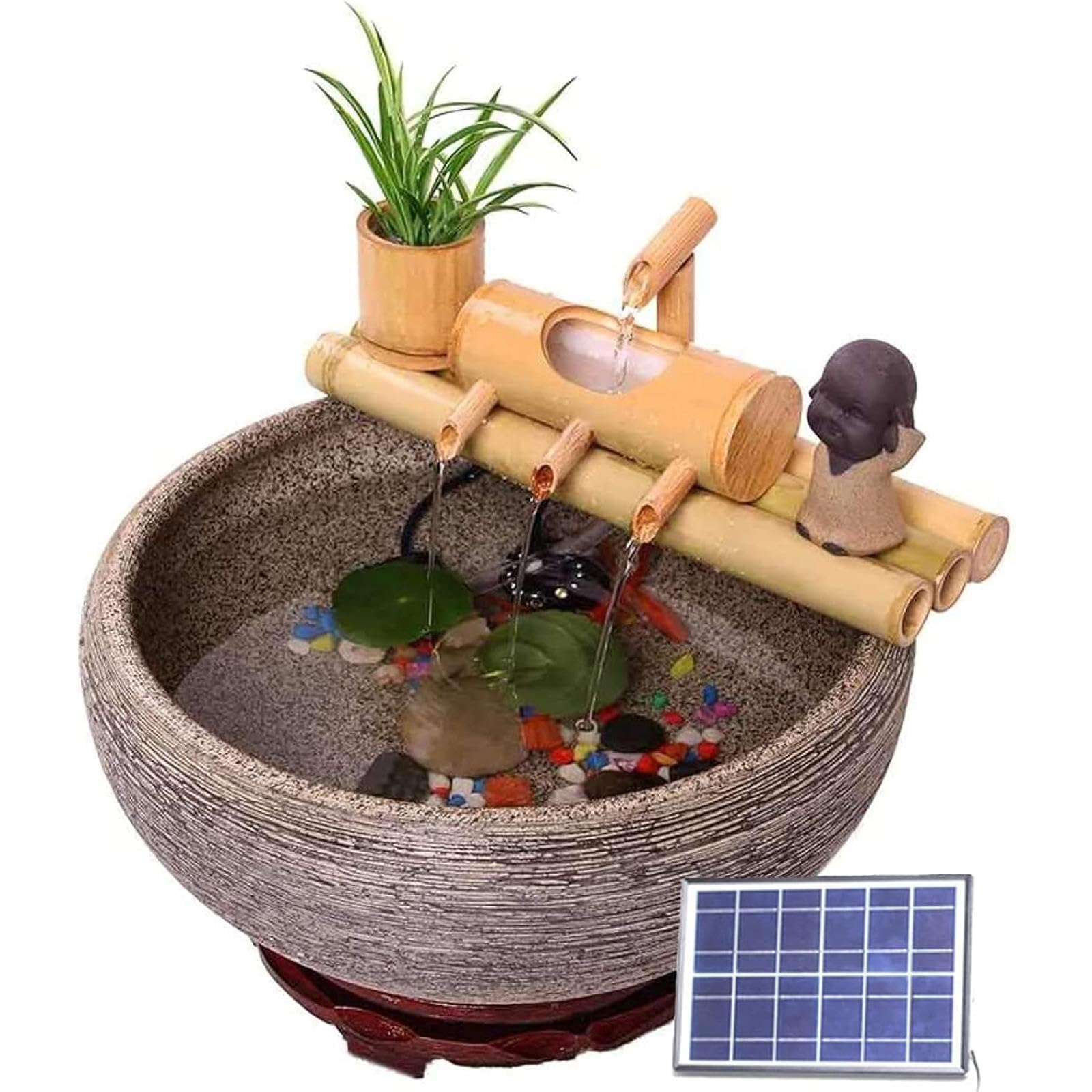 Solarna, bambusowa fontanna wodna z pompką, dekoracja Zen Feng Shui, funkcja płynącej wody, do ogrodu, na patio, podwórko, 25 cm