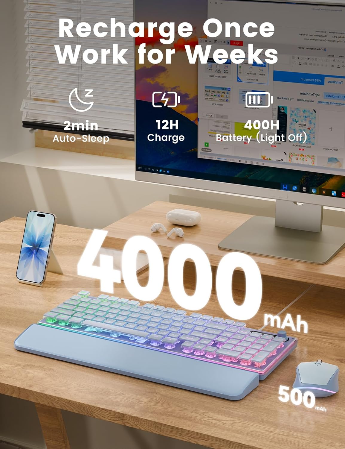 Wireless Keyboard and Mouse Combo - 9 Backlit Effects, Wrist Rest, Double-Shot Keycaps, Metal Panel, Long-Lasting Rechargeable, 2.4G Keyboard Mouse Set for Windows Mac PC Laptop – Sablute (Purple)
