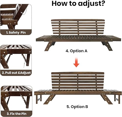 Miniatura 4 de Harper & Bright Designs Sofá convertible al aire libre con reposabrazos ajustable, sofá de madera maciza para patio con cojines, acabado