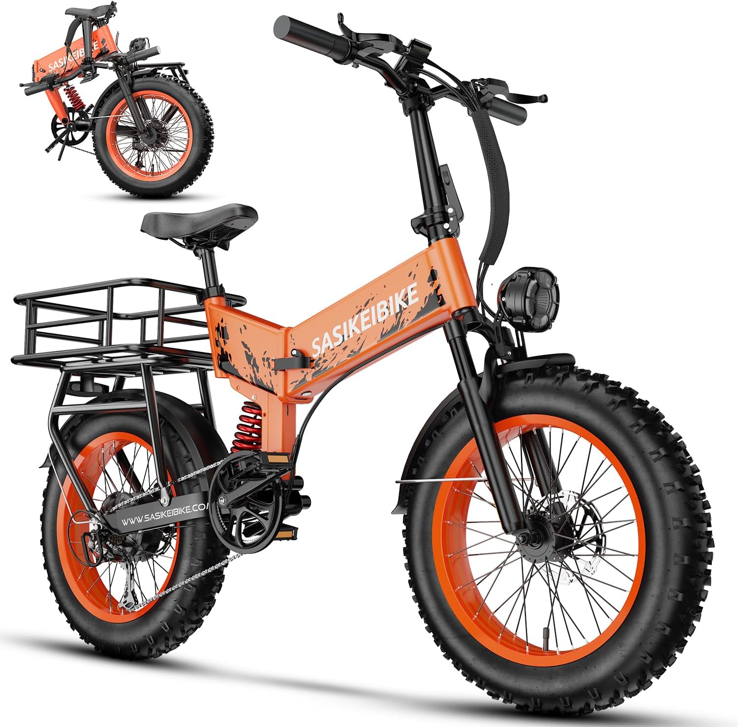 SASIKEIBIKE 1500W Folding Electric Bike for Adults,52V 20Ah Removable Battery Ebike with 30+MPH 70 Miles Max,20"x4.0 Fat Tire E-bike with Basket,Full Suspension Electric bicycle for Commute,Mountain
