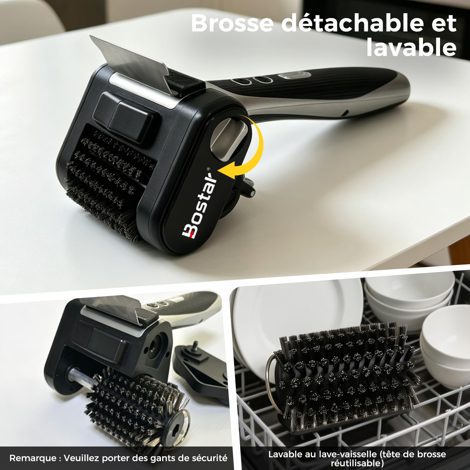 Bostar Brosse Barbecue Électrique sans Fil - 4000mAh Nettoyeur avec Grattoir en INOX & Lampe LED, 450 TR/Min Couple Élevé pour Grille Gaz & Charbon, Inclut 1 Rouleau de Rechange