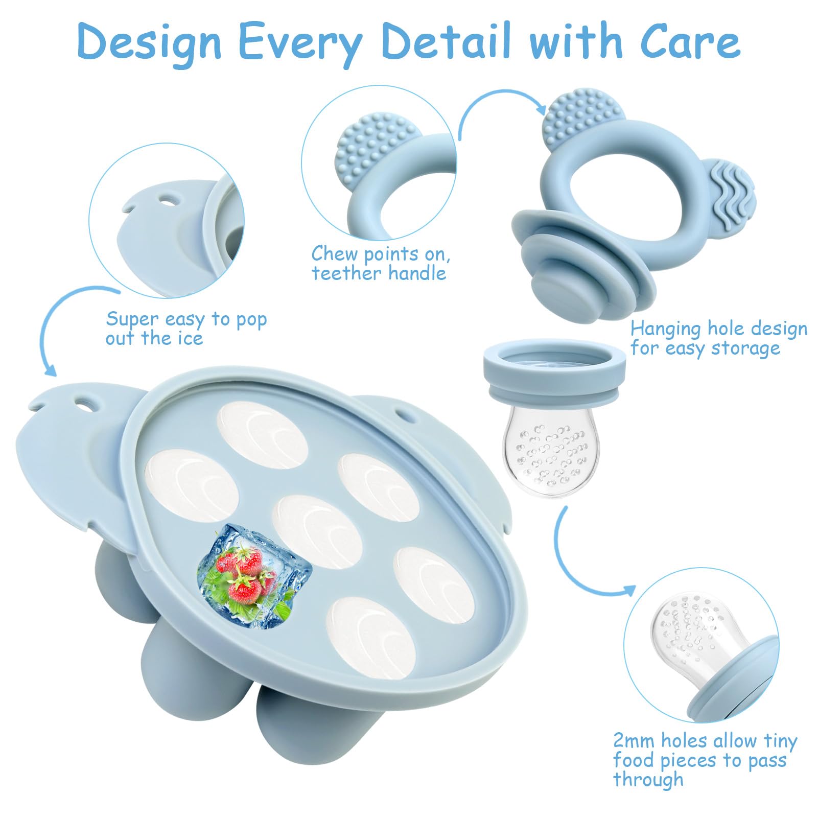 JoyPlus Chupete Fruta Bebe con 3 Tetinas de Silicona sin BPA, Chupete para Fruta Bebe y Bandejas para Congelar Comida de Bebé con Tapas para Leche Materna, Mordedor Fruta Bebe de 3 6 12 24 Meses