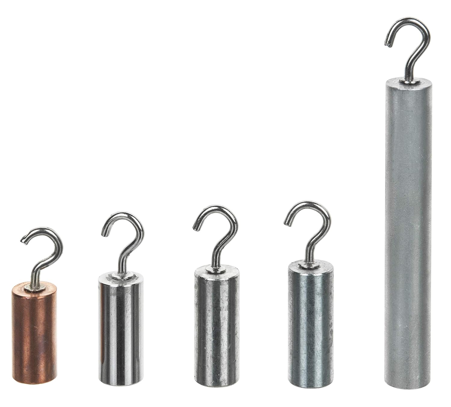 EISCO 5pc Hooked Metal Cylinders Set - Copper, Tin, Aluminum, Zinc, Stainless Steel - for Density Investigation, Specific Gravity & Specific Heat Experiments
