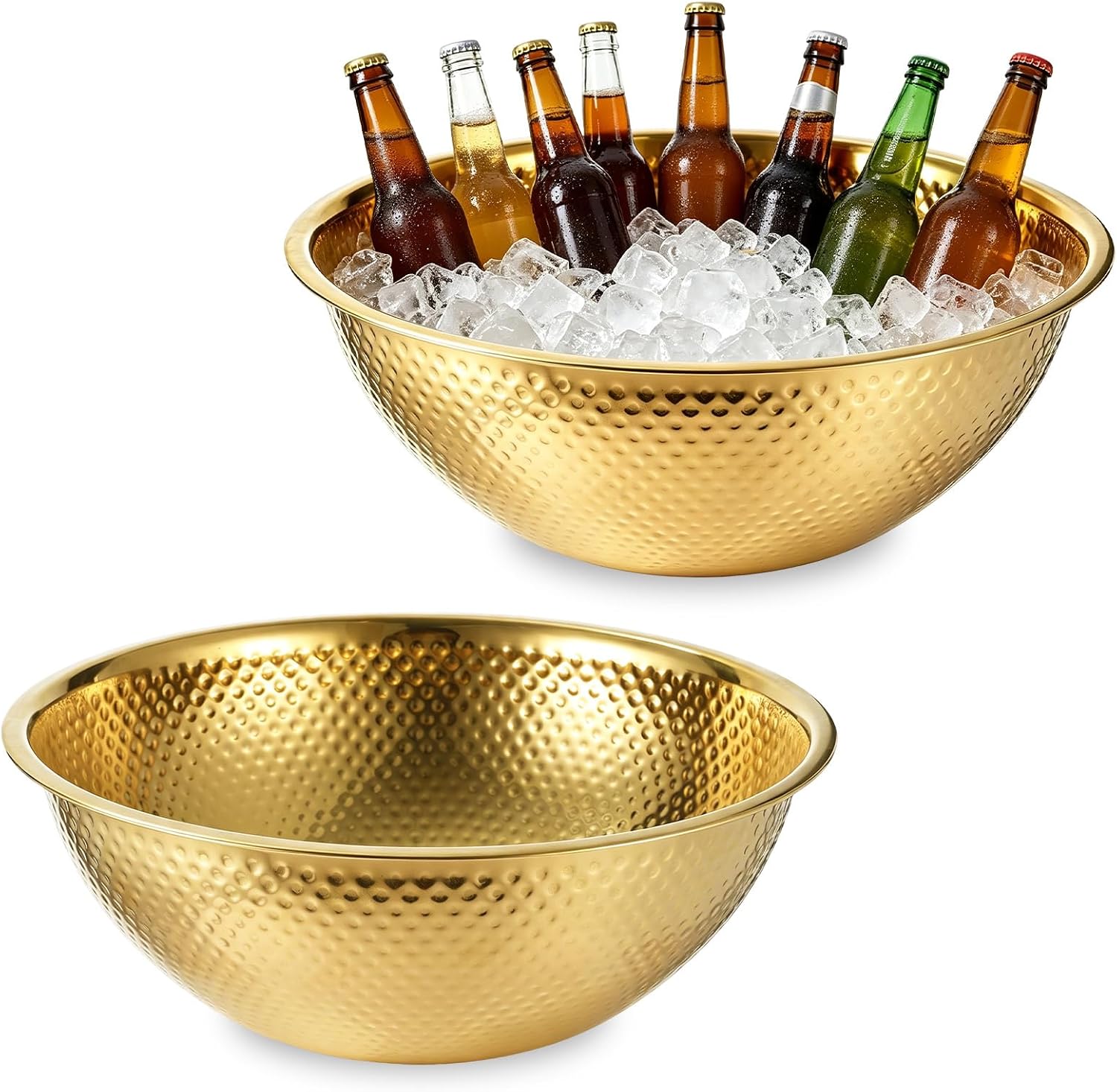 2 Pcs Large Gold Hammered Stainless Steel Beverage Tub for Parties 16.4 Qt Leak-proof Ice Bucket Drink Cooler Champagne Wine Portable Chiller Bowl for Wedding Festival Cocktail Bar Hosting Serving