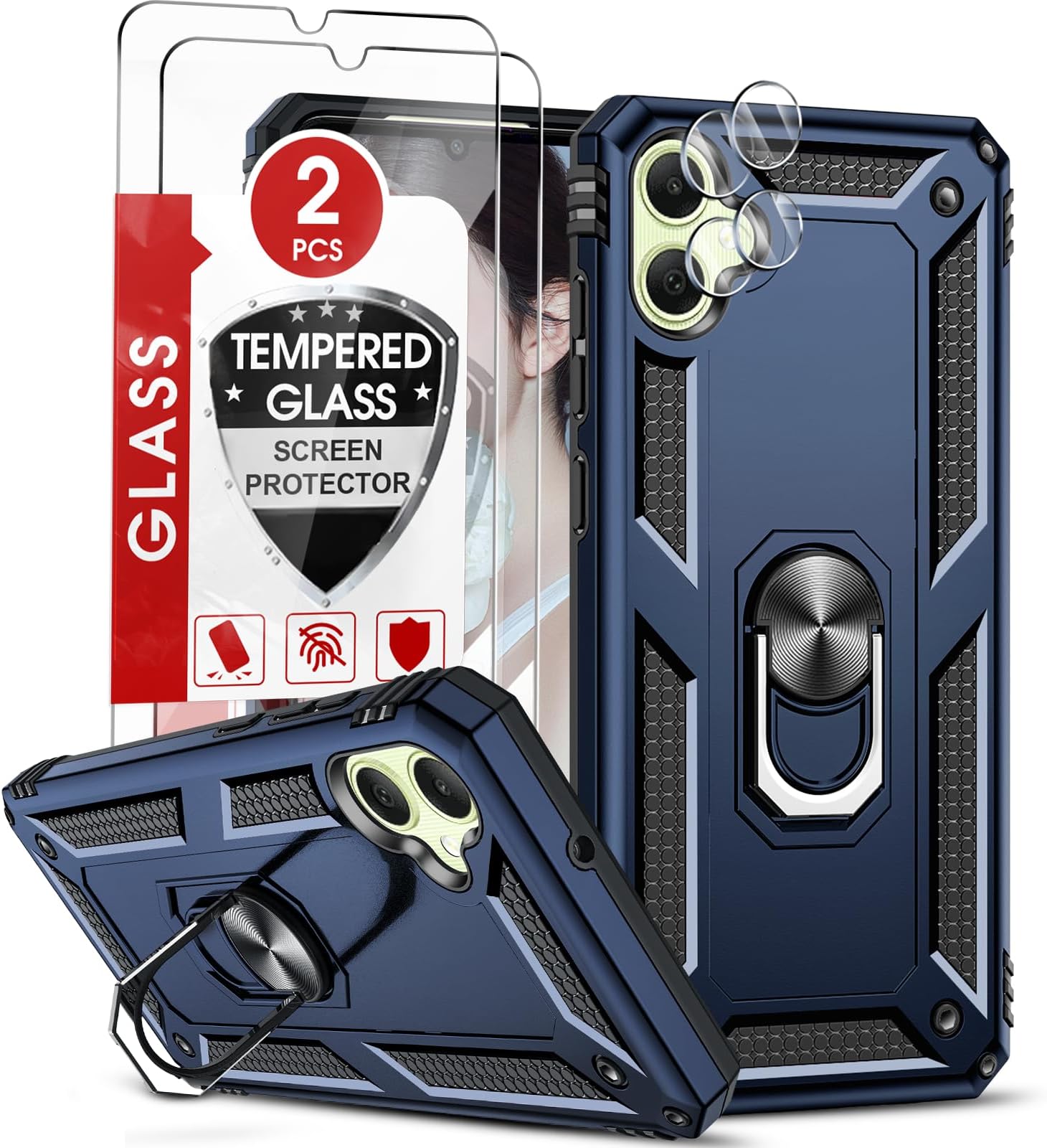 LeYi for Samsung Galaxy A05 Case and 2 Tempered Glass Screen Protector and 2 Camera Lens Protector, Ring Holder Military Protective Silicone Shockproof Tough Armor Phone Cover, Blue