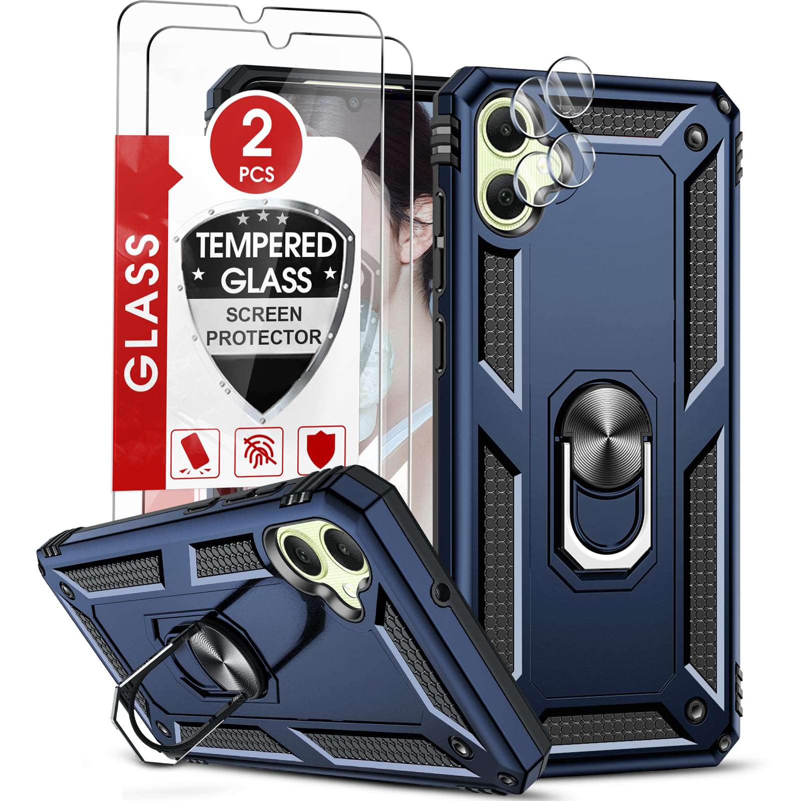 LeYi for Samsung Galaxy A05 Case and 2 Tempered Glass Screen Protector and 2 Camera Lens Protector, Ring Holder Military Protective Silicone Shockproof Tough Armor Phone Cover, Blue