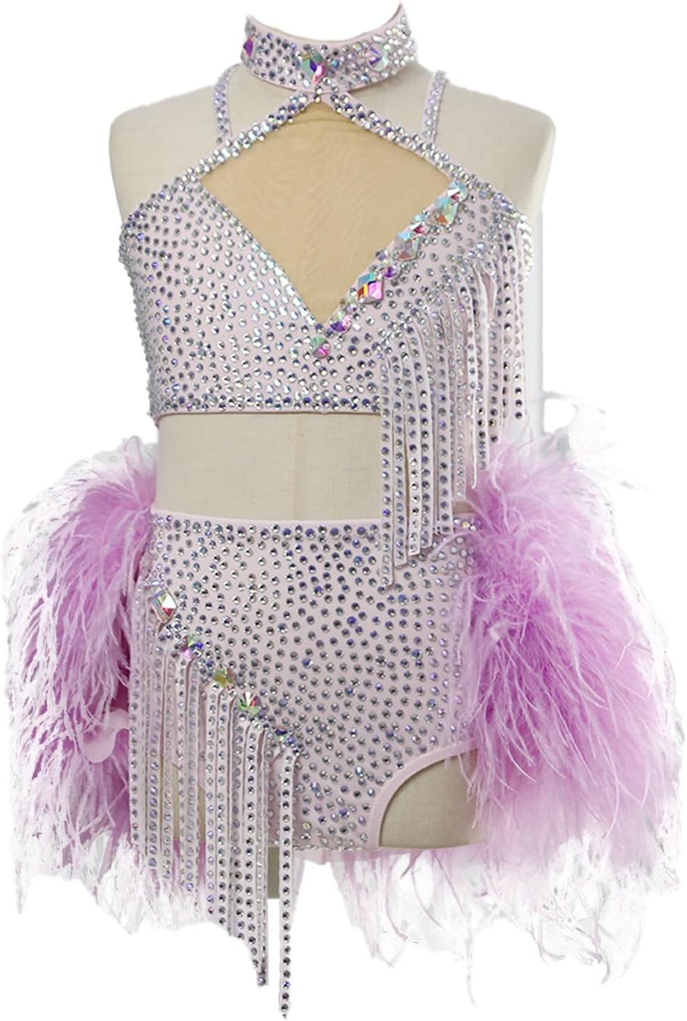 Girls Rhythmic Gymnastics Outfit Sparkle Feather Suspender Halter Neck with Skirt Soft Comfortable Practice