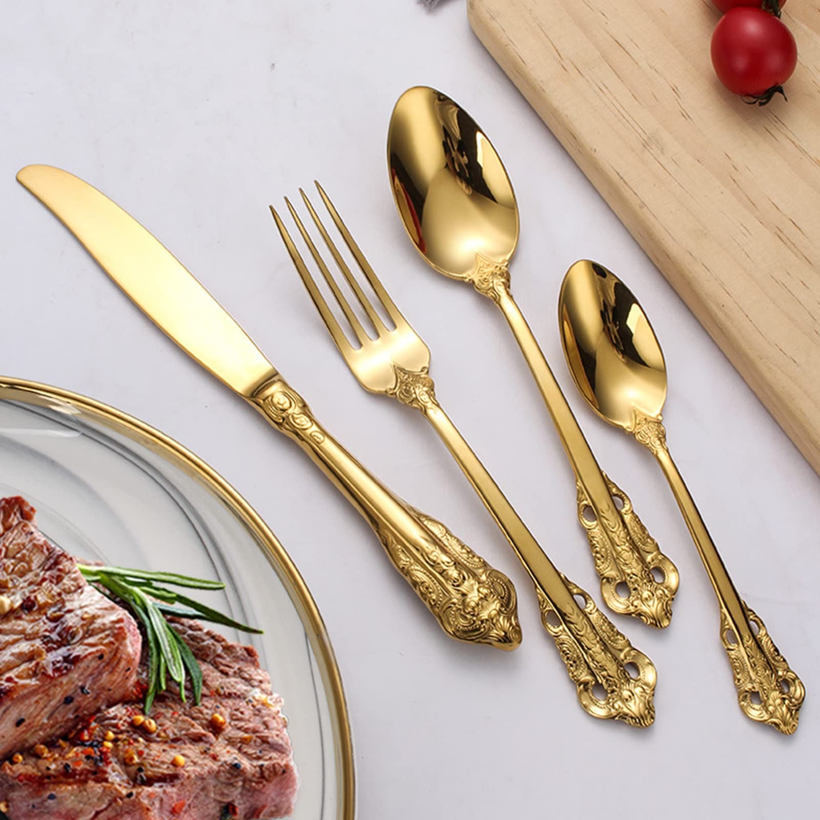 Besteck-Set, Edelstahl-Besteck-Set für 1 Personen, Geschirr-Set für Zuhause/Küche/Party, hochglanzpoliert, spülmaschinenfest,Gold (Gold)