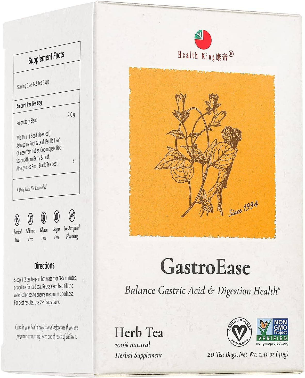 Health King GastroEase Herb Tea, Teabags, 20 Count Box