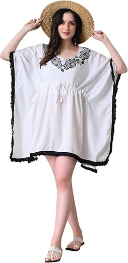 FORENOON Glitz Chikankari Cotton Kaftan for Women, Hand Embroidered Kaftan with Drawstring Waist for Finished Fit, Breatha...