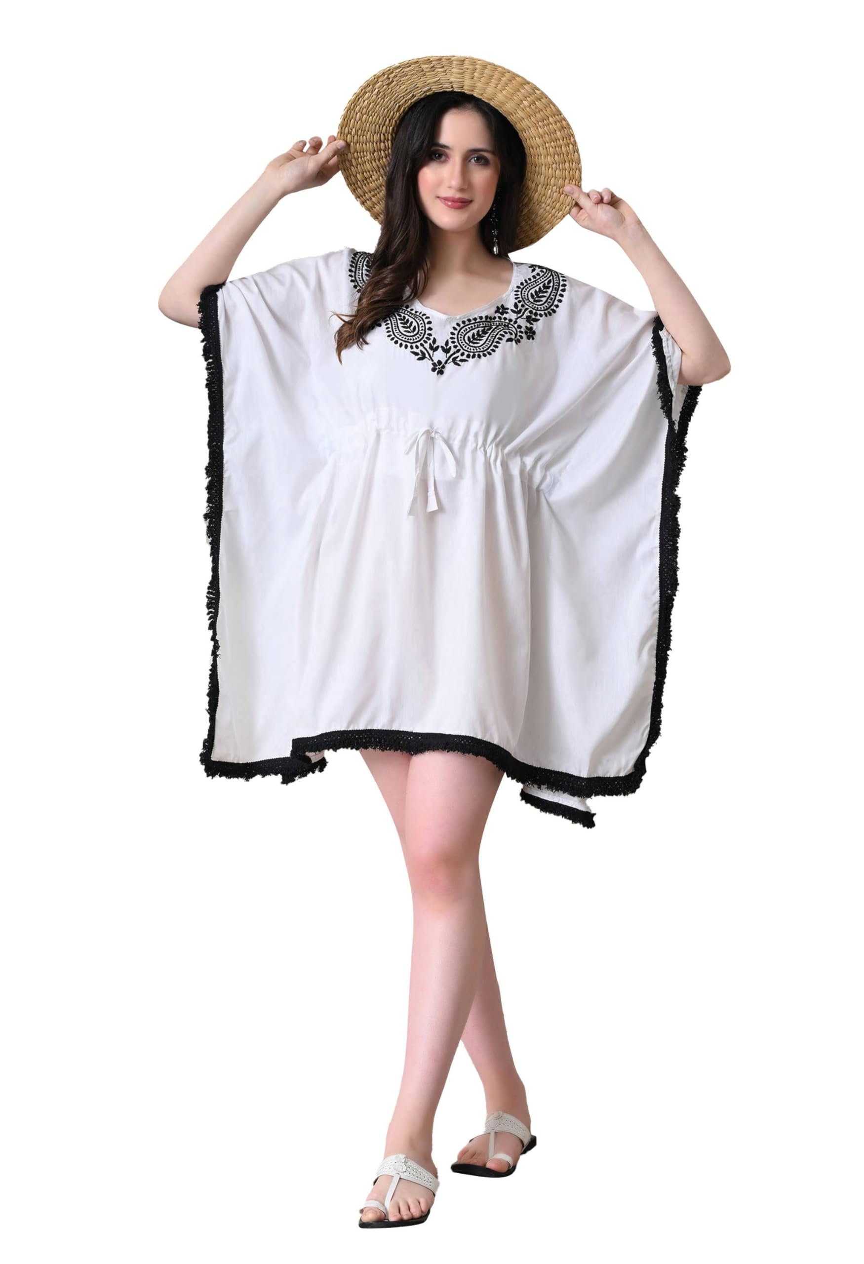 forenoon glitz Chikankari Cotton Kaftan for Women, Hand Embroidered Kaftan with Drawstring Waist for Finished Fit, Breathable and Modern Ethnic Wear (White)-picture-13