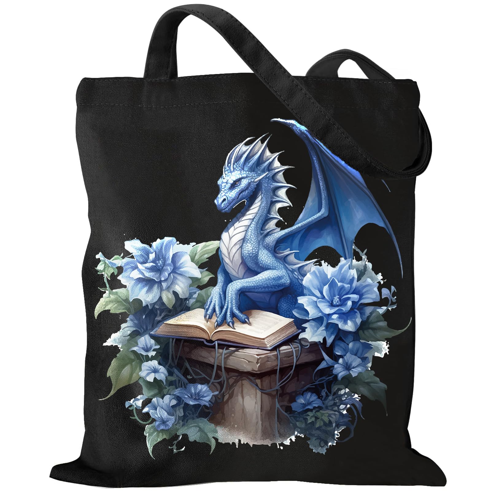 VeloKomo Blue Dragon Tote Bags - Personalized Dragons Totes Gifts for Women Bookish Canvas Bag for Book Lovers Floral Grocery Shopping Handbag Travel