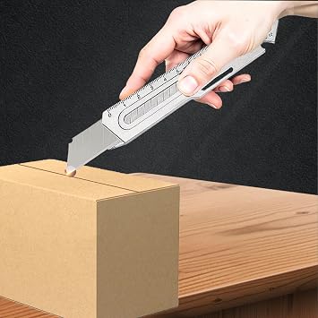 Mutipurpose Utility Knife, Heave Duty Full Stainless Steel Retractable Box Cutter with 10PCS Replaceable Blades (18mm Wide), Extended Razor Knife for Office Home School, Safety Lock Design
