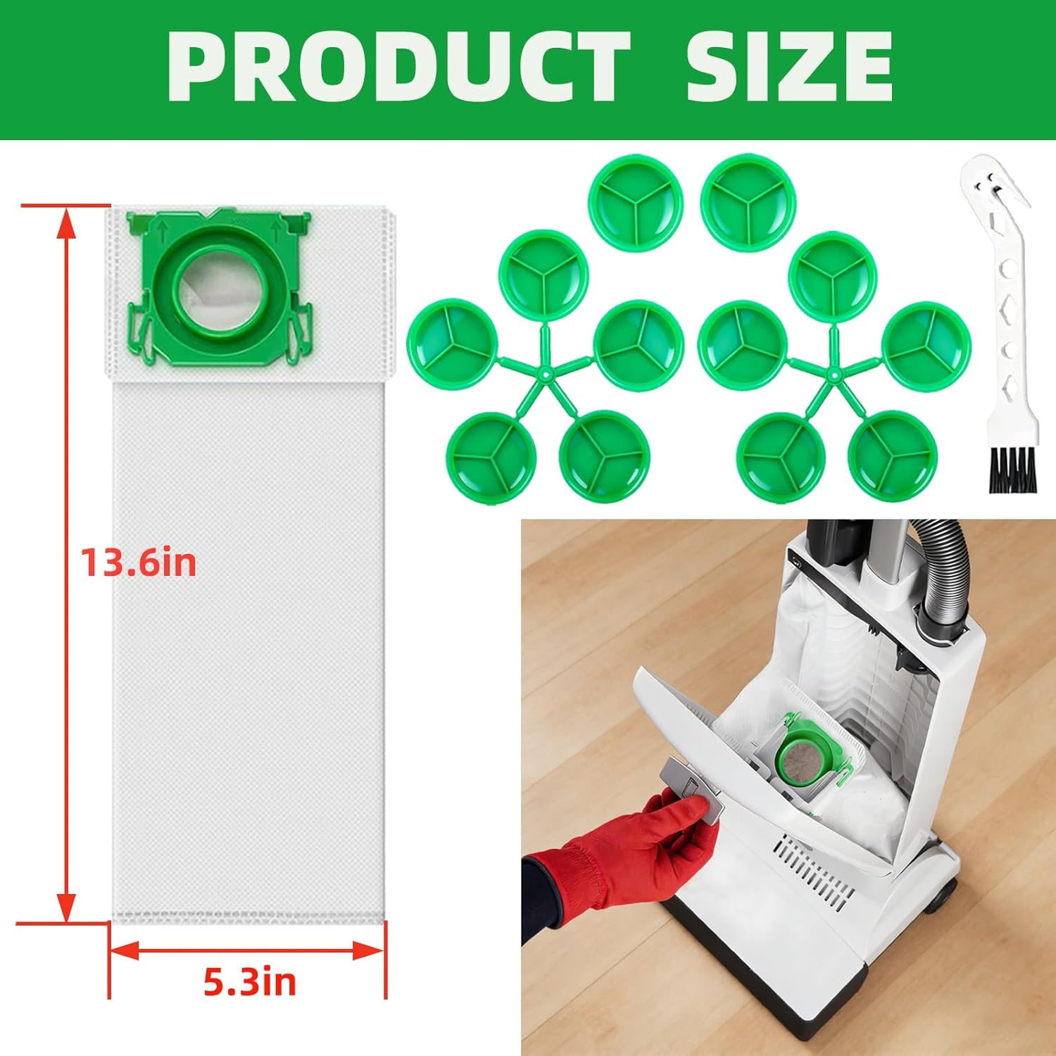 12 Pack 6629AM 5-Layer HEPA Vacuum Bags Fit for SEBO K1 K2 K3 Series Large Capacity Vacuum Bags Fit for Sebo Felix Airbelt Series Vacuum Cleaner with 1 Cleaning Brush and 12 Small Green Caps