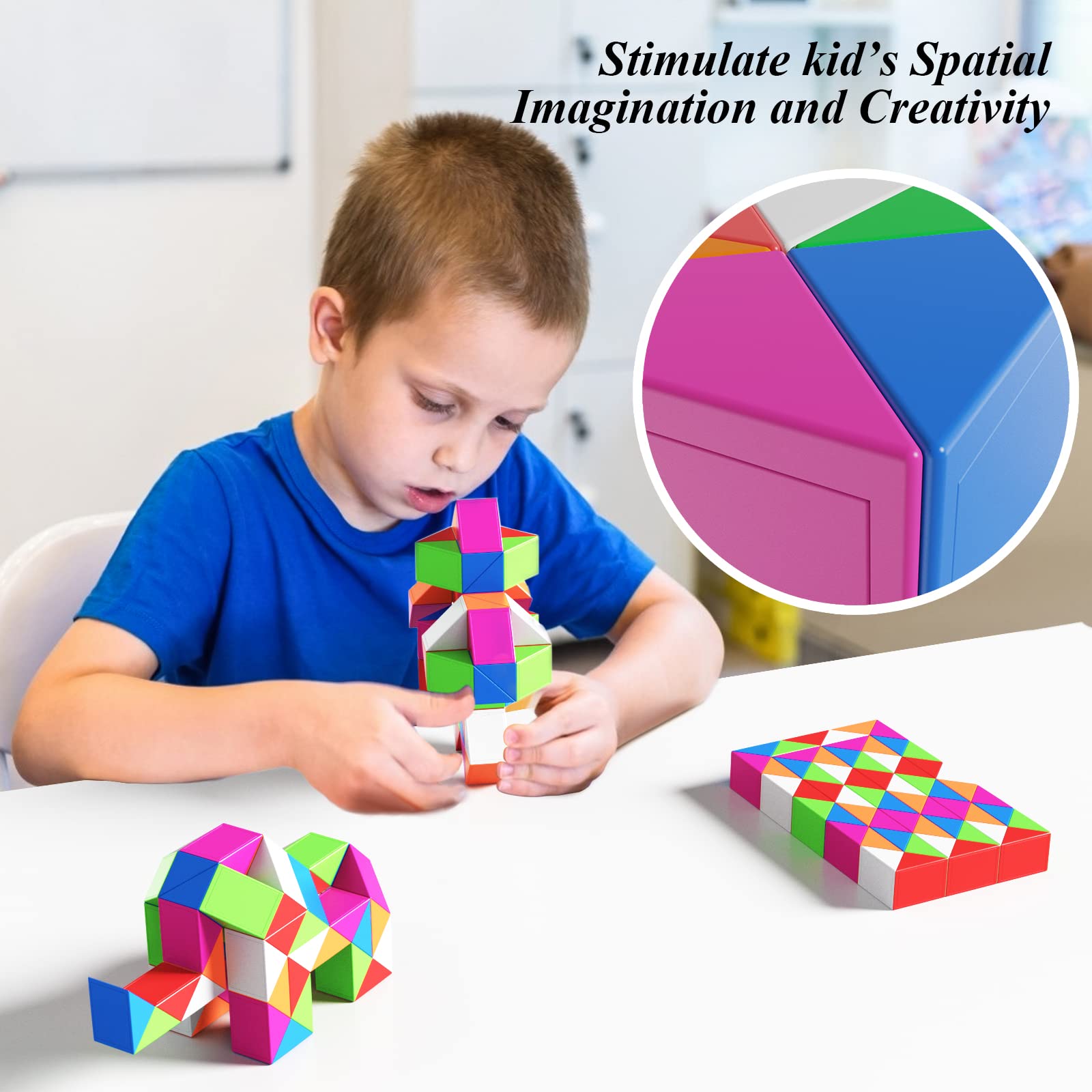 ROXENDA Magic Snake con 60 Segmentos, 3D Magic Snake Cube - Puzzle Games IQ Toy para Niños y Adultos - 1 Paquete (Arcoíris, 60 Segmentos)