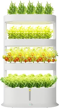 4 Layer Hydroponics Growing System Kit with 64 Pods, Indoor Herb Garden with LED Grow Light, Smart Hydroponics Growing Tower Indoor Gardening System for Flower Fruit Growth, White